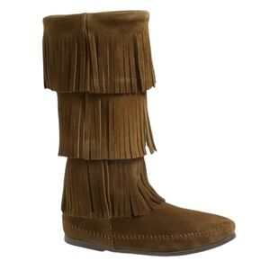 Minnetonka Suede Leather Three Layer Fringe Tall Boots 8